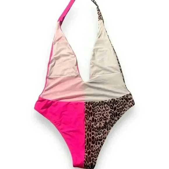 Shein One Piece Swimsuit Contrasting Pink and Leopard Plunging Front Self Tie - Picture 6 of 8
